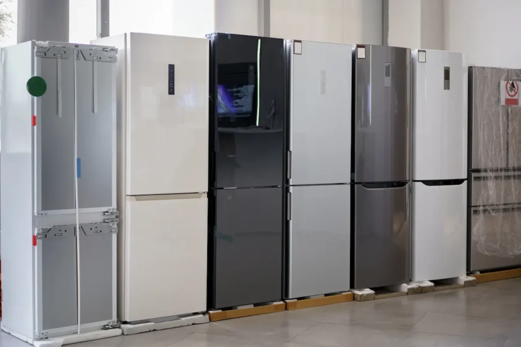 Row of New Fridges in Household Appliances Store
